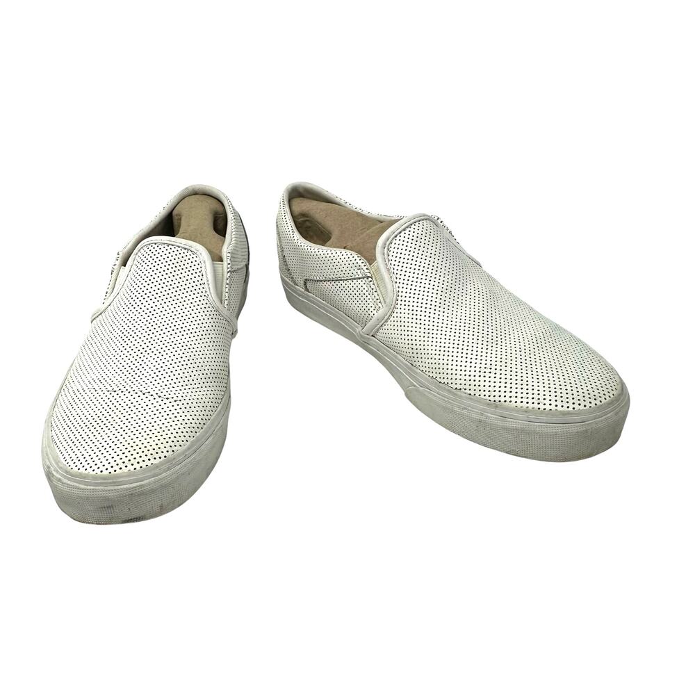 Vans Size 8.5 Sneaker White Pin Dot Leather‎ Slip On Flats Skater Casual Punk